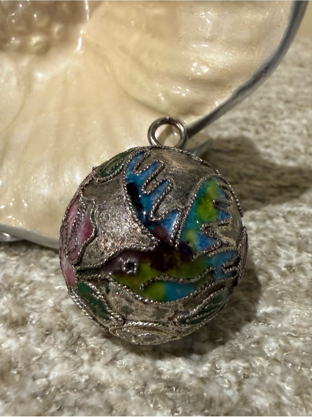 Vtg Cloisonne Enamel Ball Pendant Chime Bell Silver Filigree Bird Flower Charm⁠